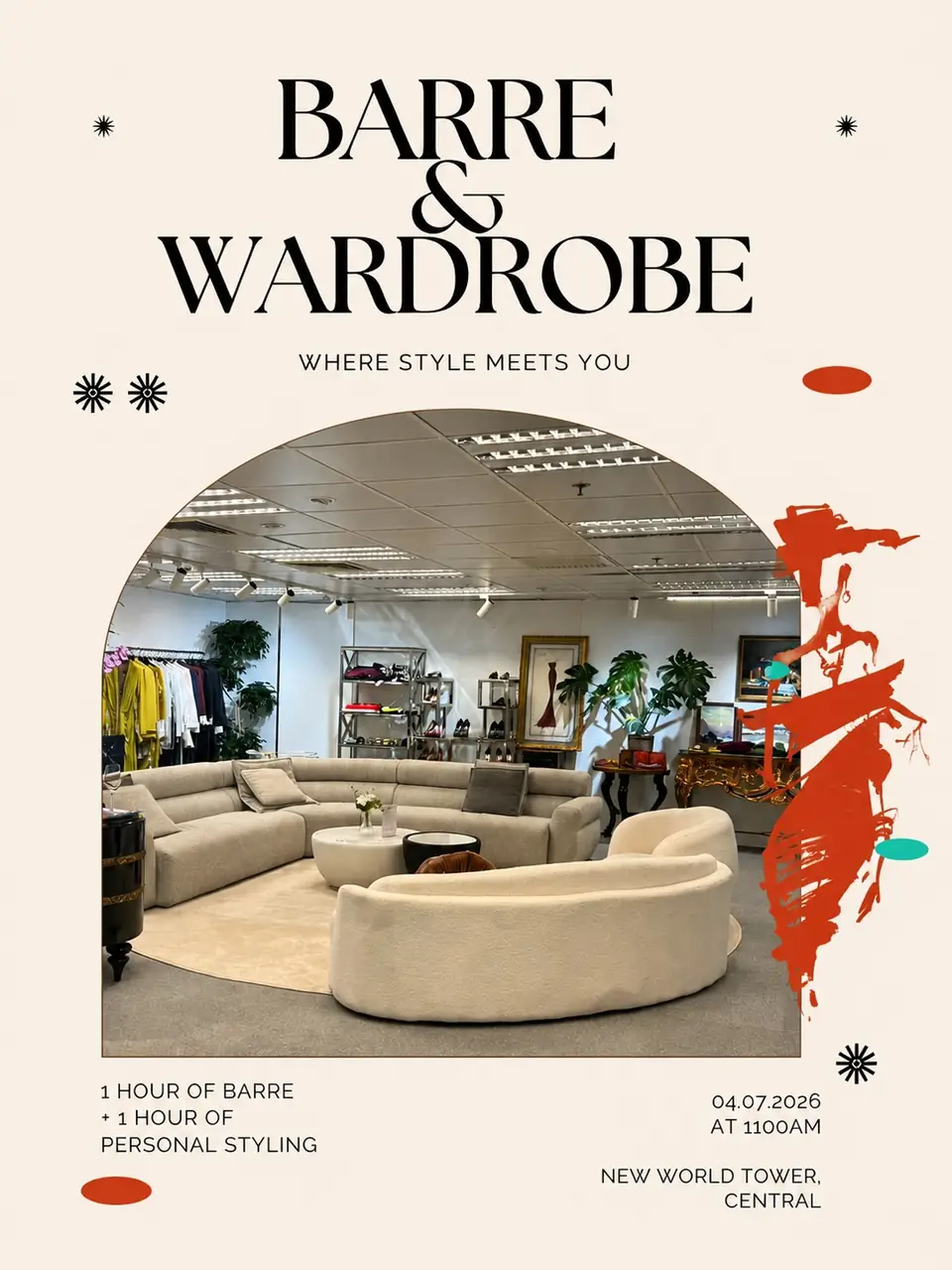 The styling lounge at New World Tower — a curved sofa and rug framed by clothing racks and curated pieces